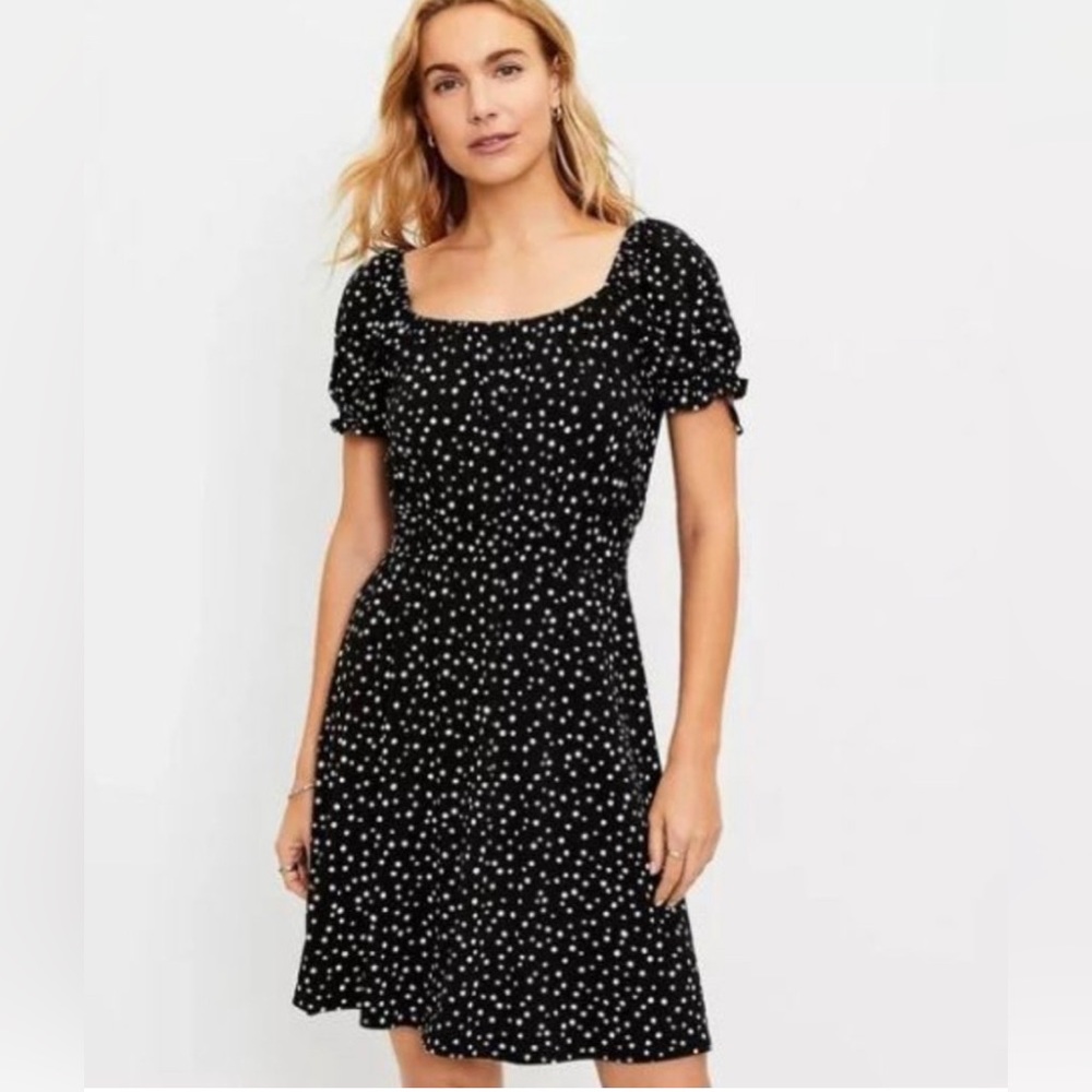NWT Ann Taylor LOFT Zoo Dot Smocked Square Neck Dress, B&W size large